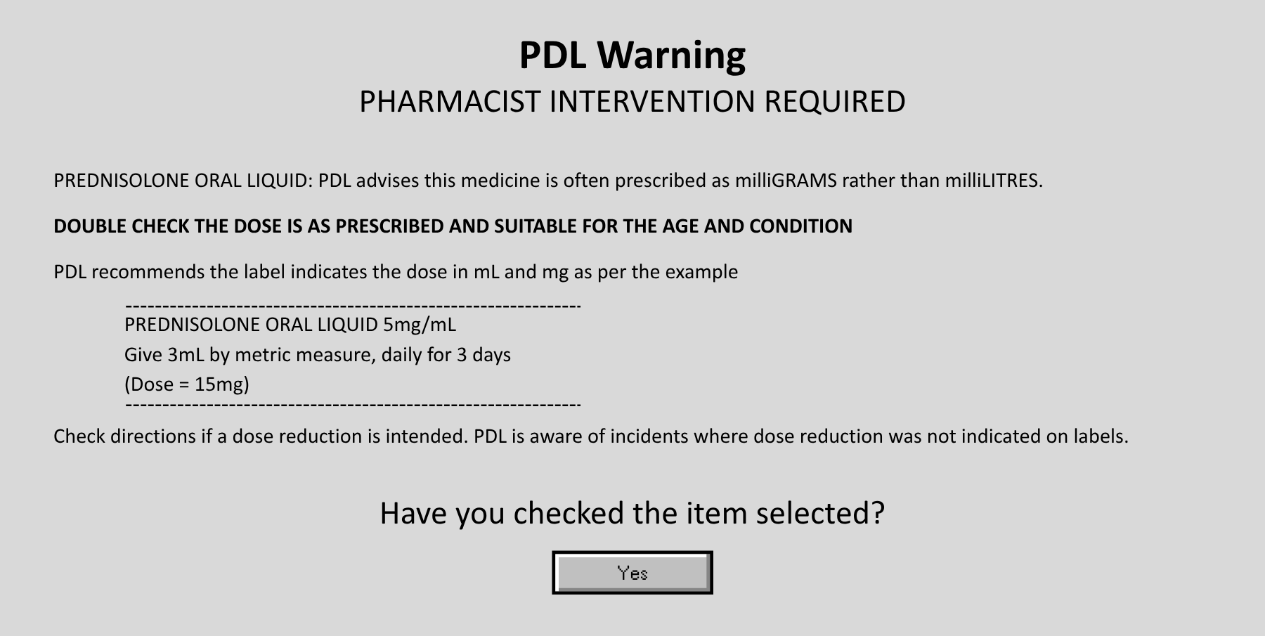 Pop up warning example